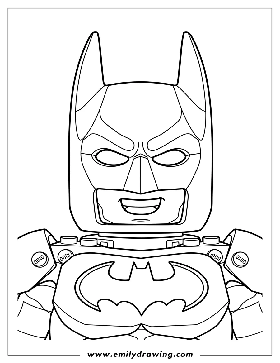 Printable line art of closeup Lego Batman Mask Scaled, smiling, with bat symbol on chest