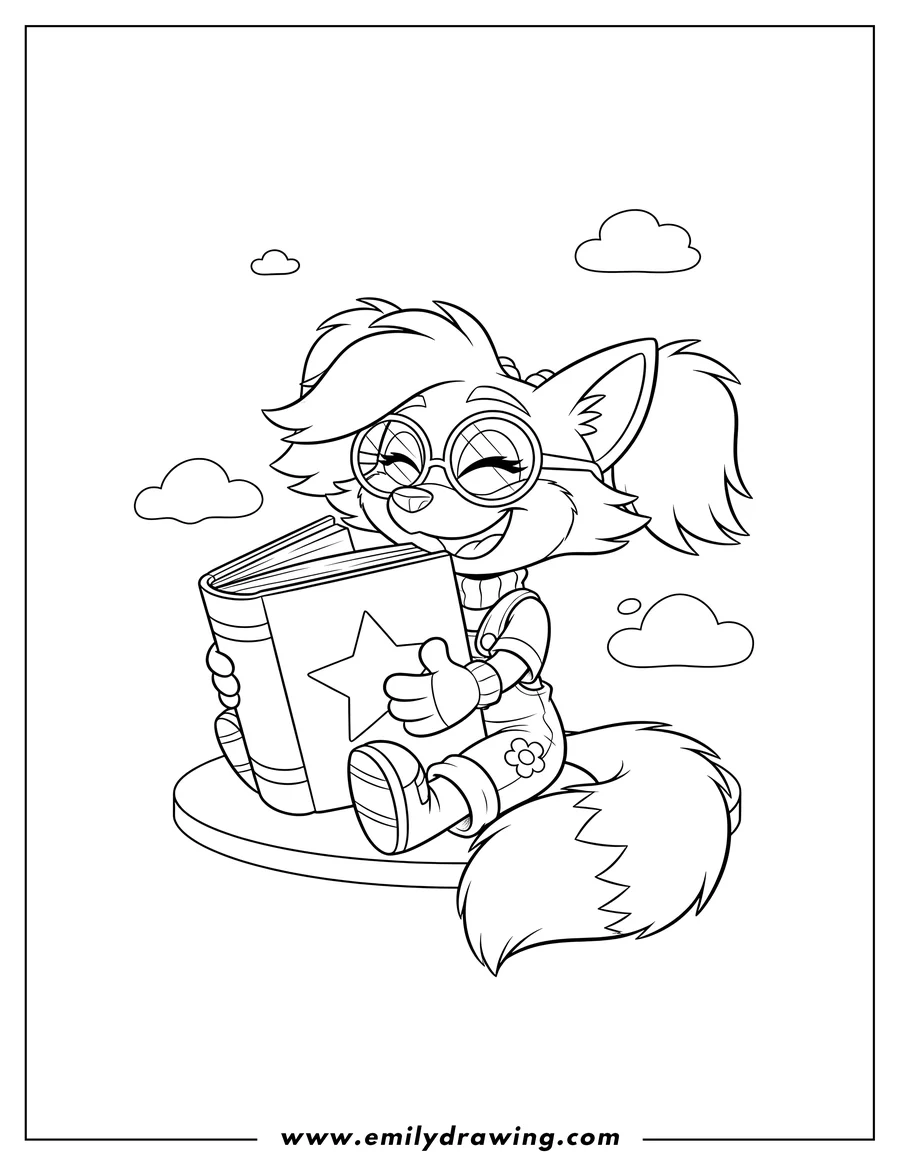 Downloadable coloring page of coco Bandicoot hugging a chunky book, smiling with a tilted head