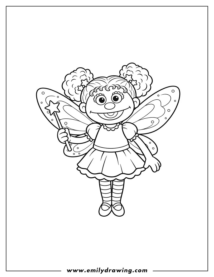 Coloring page of abby Cadabby Outline, with wings, holding a wand, and smiling