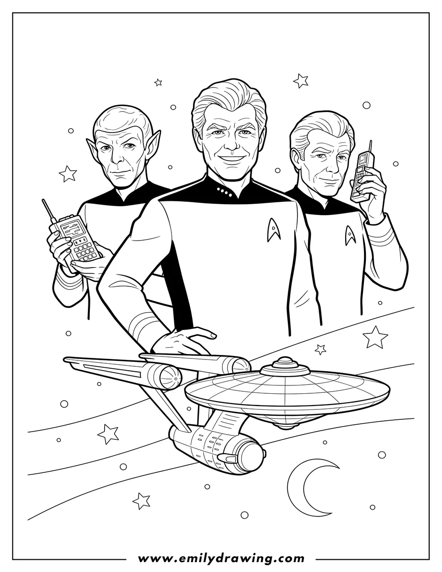 High quality printable admiral Kirk, Spock holding a tricorder, and Leonard Mccoy holding a communicator below Uss Enterprise for coloring