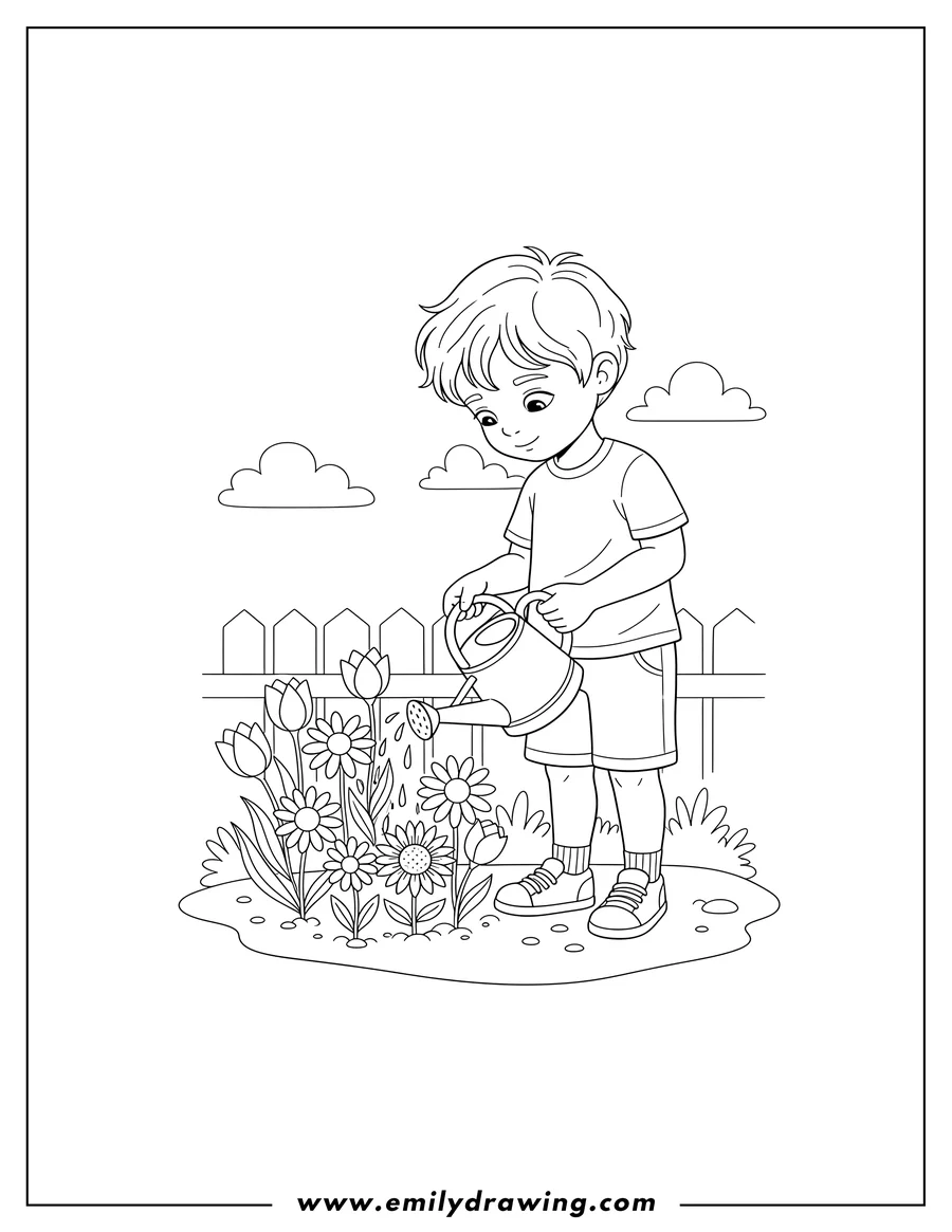 Printable coloring page of caring Boy Watering Flowers with a Watering Can, looking down gently