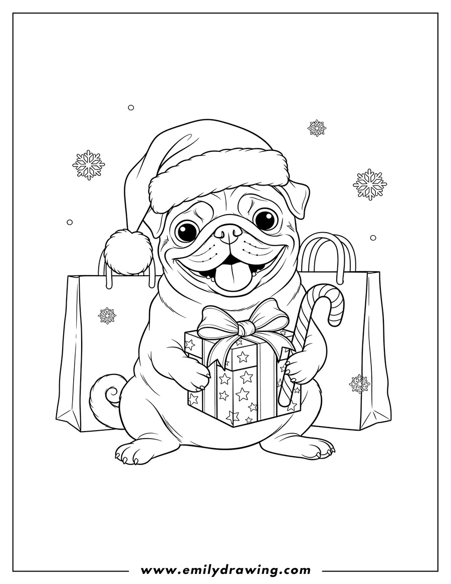 Downloadable coloring page of A Christmas pug wearing a Santa hat, with a gift and a candy cane