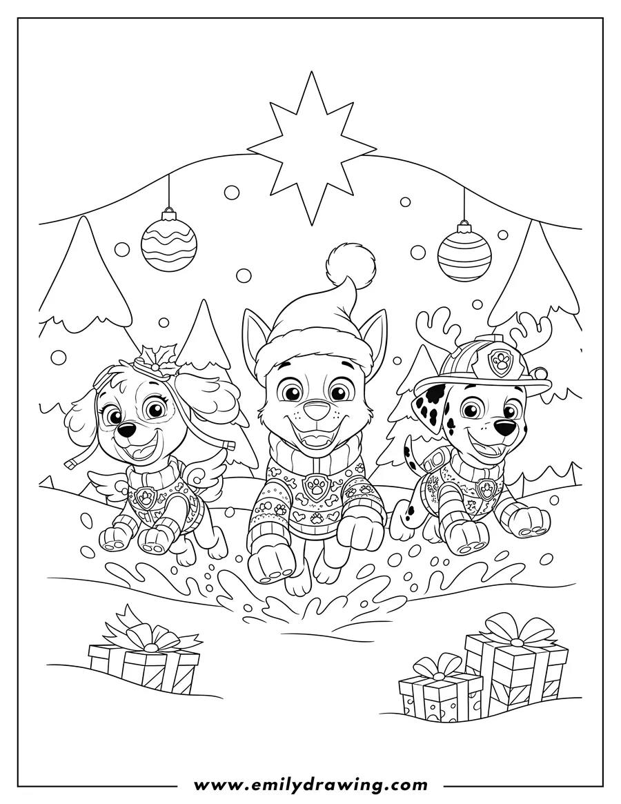 High quality printable christmas Themed Paw Patrol: Chase, Skye, and Marshall running together in festive hats and sweaters for coloring