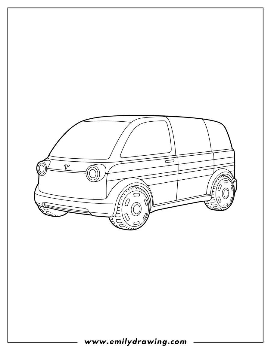 Doodle style coloring picture of cool Tesla Robovan with a rounded design and horizontal stripes