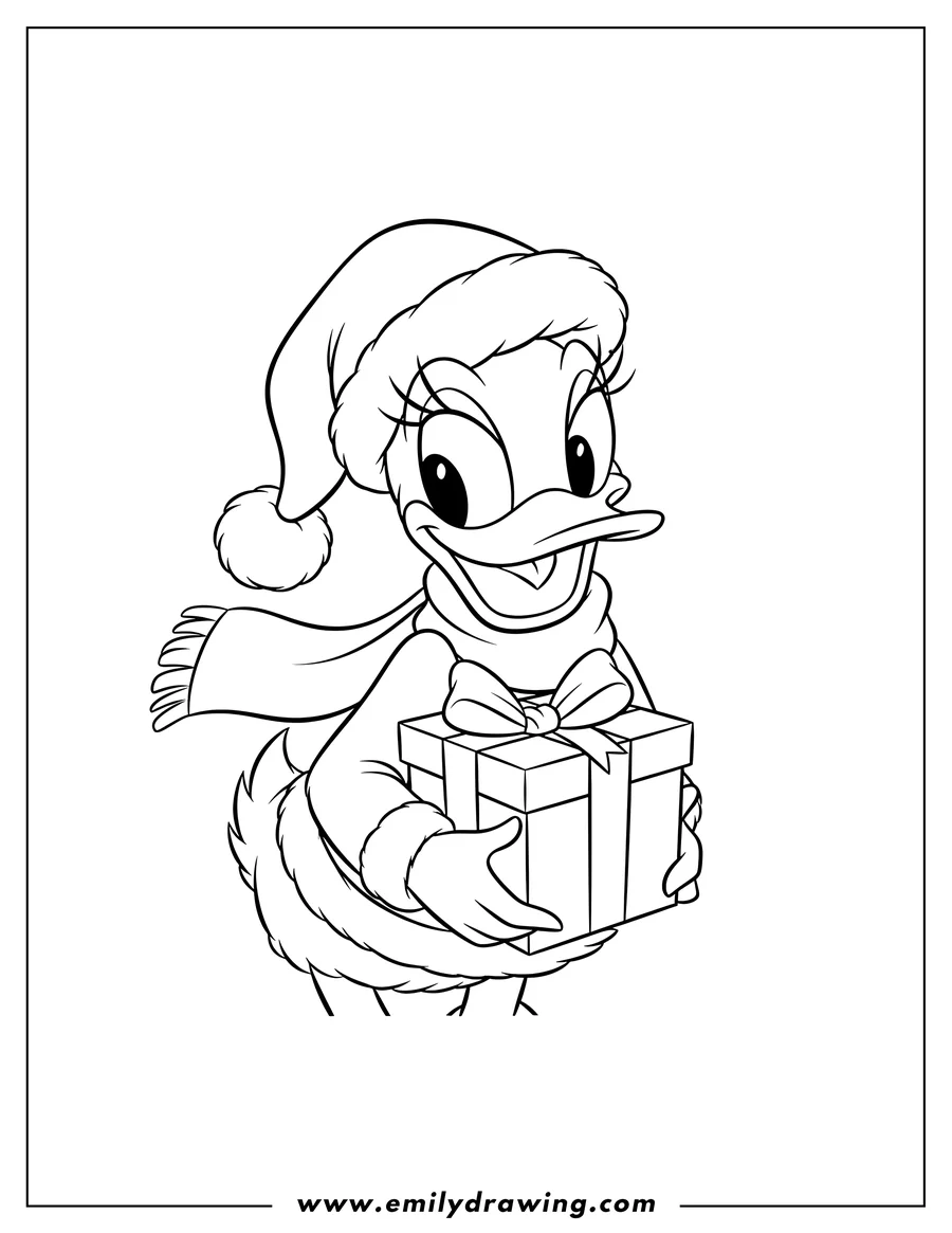 Free to print drawing of daisy Duck wearing a Santa hat and scarf, joyfully holding a Christmas present