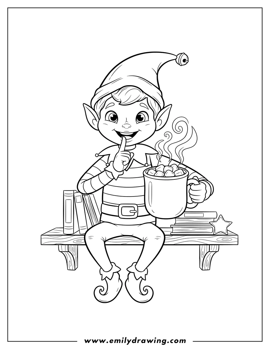 Black and white line art of elf On Shelf with finger to mouth, enjoying hot cocoa with marshmallows