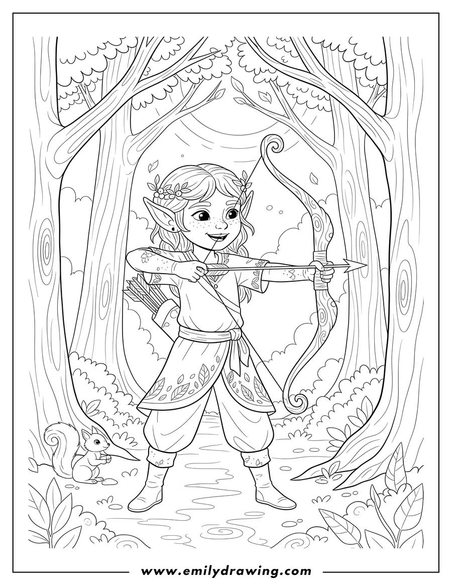 Coloring page of elven Archer Forest, drawing a bow and arrow