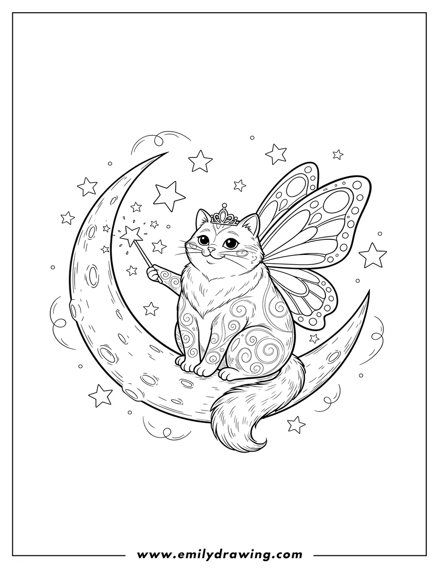 Downloadable coloring page of fairy cat with butterfly wings sitting on a crescent moon, holding a star-tipped wand