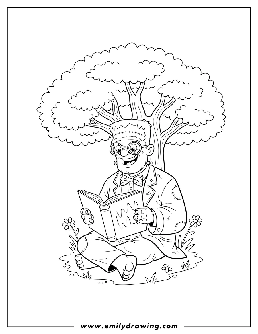 Clean line drawing: nerdy Frankenstein sitting and reading a book with a smiling face, under a tree