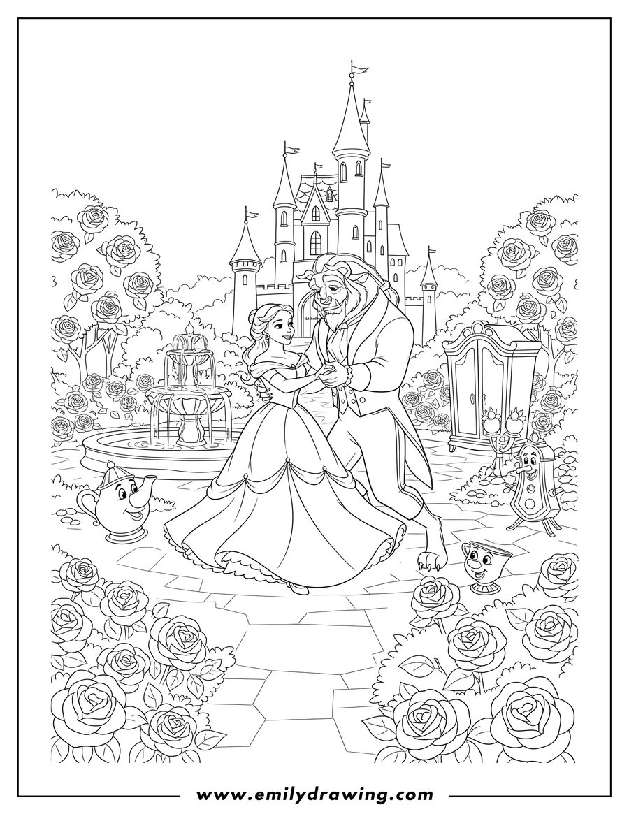 Free printable coloring sheet of beauty And Beast Dancing Garden with enchanted friends watching