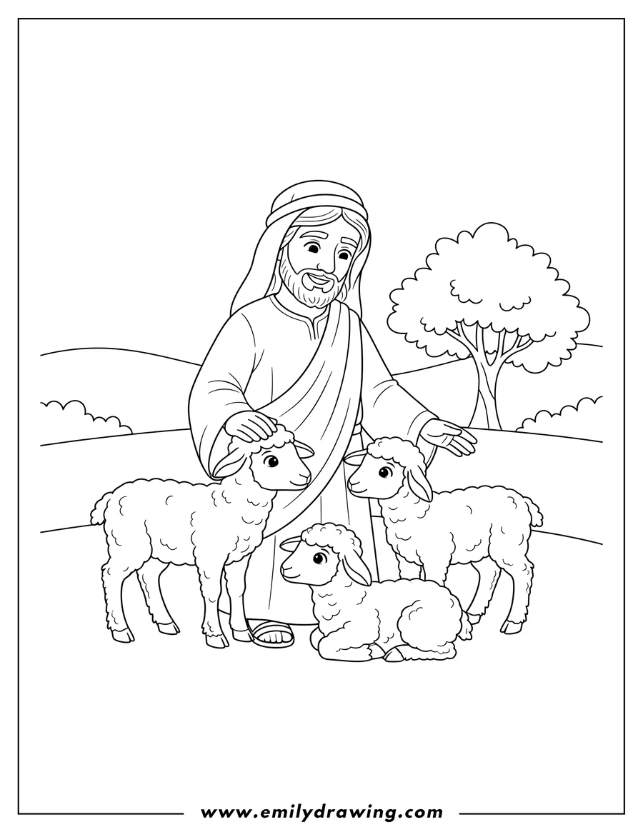 Coloring sheet featuring gentle Jesus happily petting three lambs