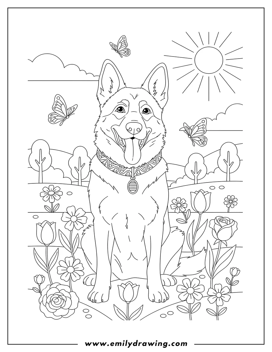 High quality printable beautiful German Shepherd With Collar Sitting happily with tongue out in a park with butterflies and flowers for coloring