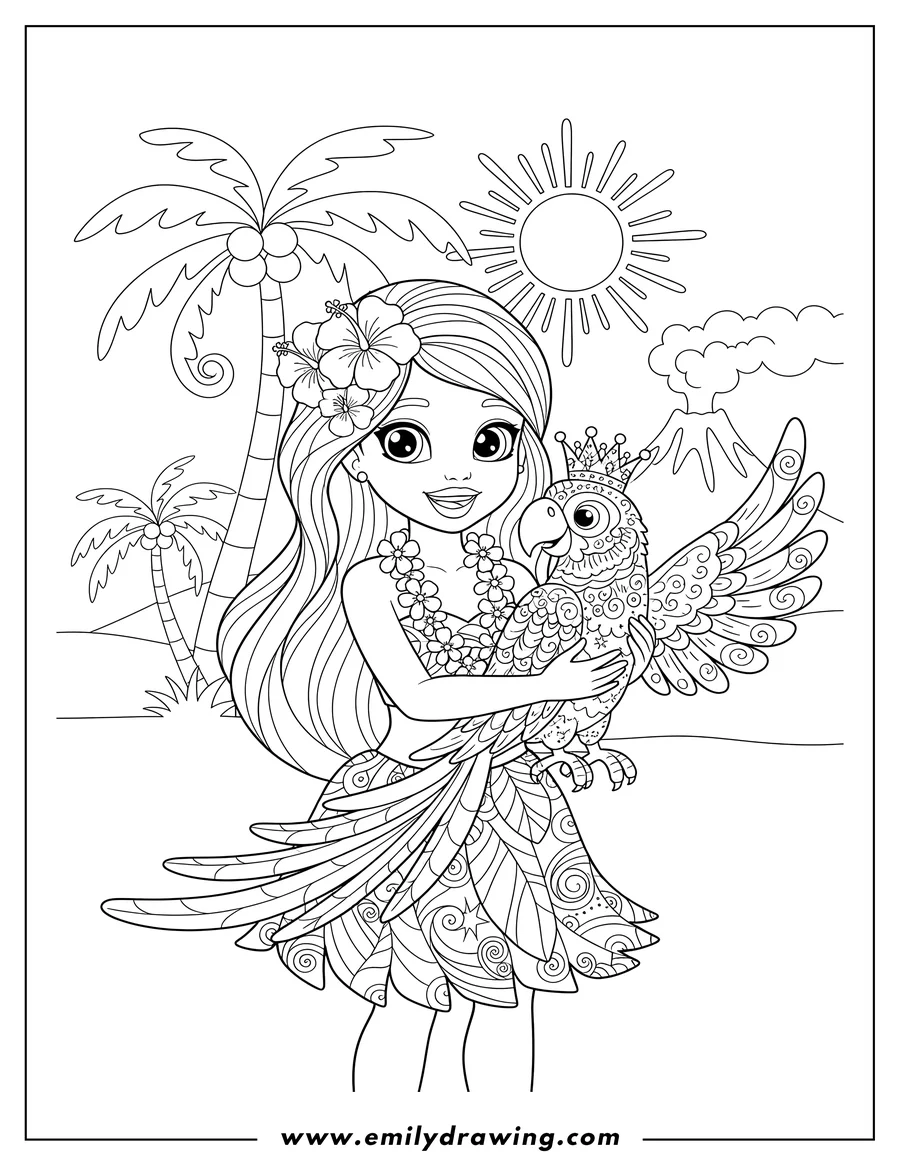 Free printable coloring sheet of lisa Frank Hawaiian Girl with a hibiscus in her hair, holding a parrot