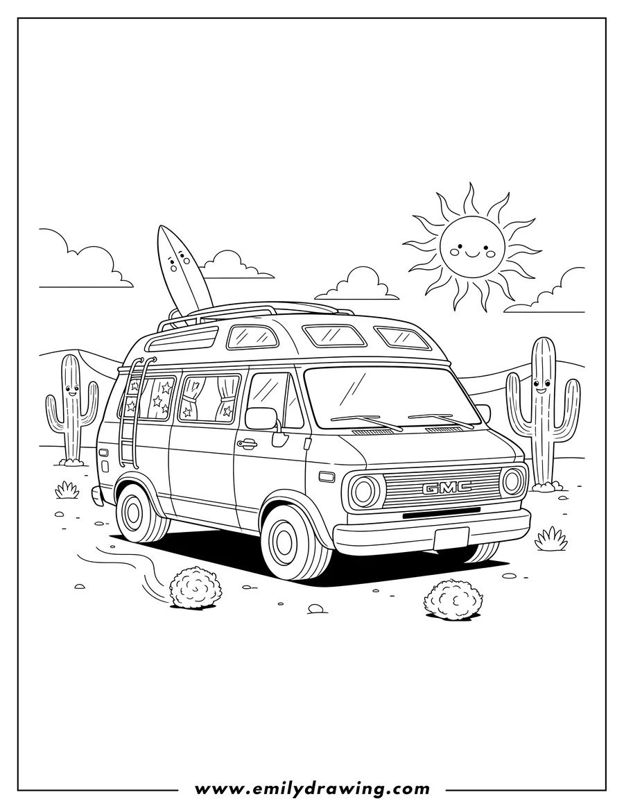 Black and white line art of high-top Gmc Vandura camper van in Desert