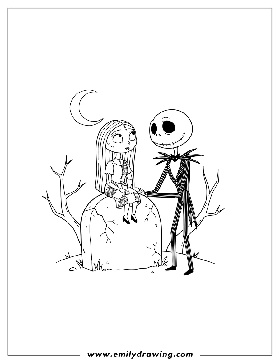 PDF style coloring page: cute Jack and Sally looking at each other, with Sally sitting on a tombstone