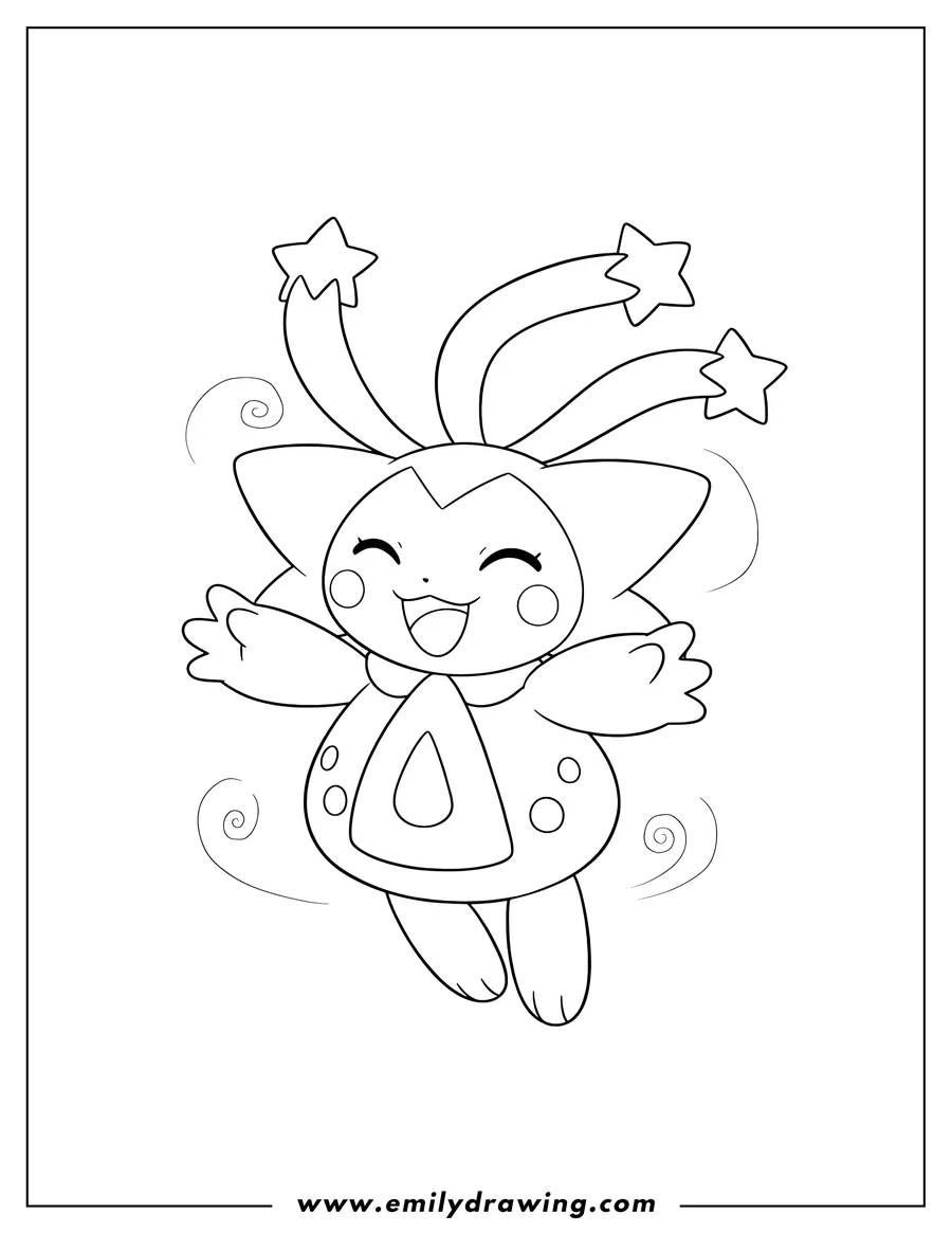 Free printable coloring sheet of jirachi Fairy Legendary Pokemon smiling and floating