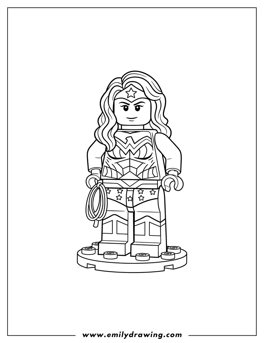 Coloring sheet featuring lego Wonder Woman standing