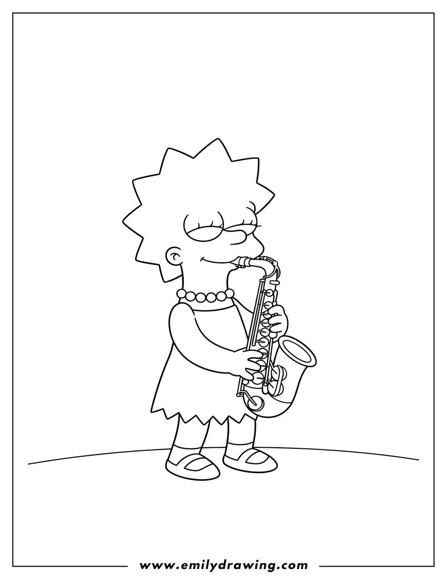 Downloadable coloring page of adorable Lisa Simpson playing saxophone with eyes closed