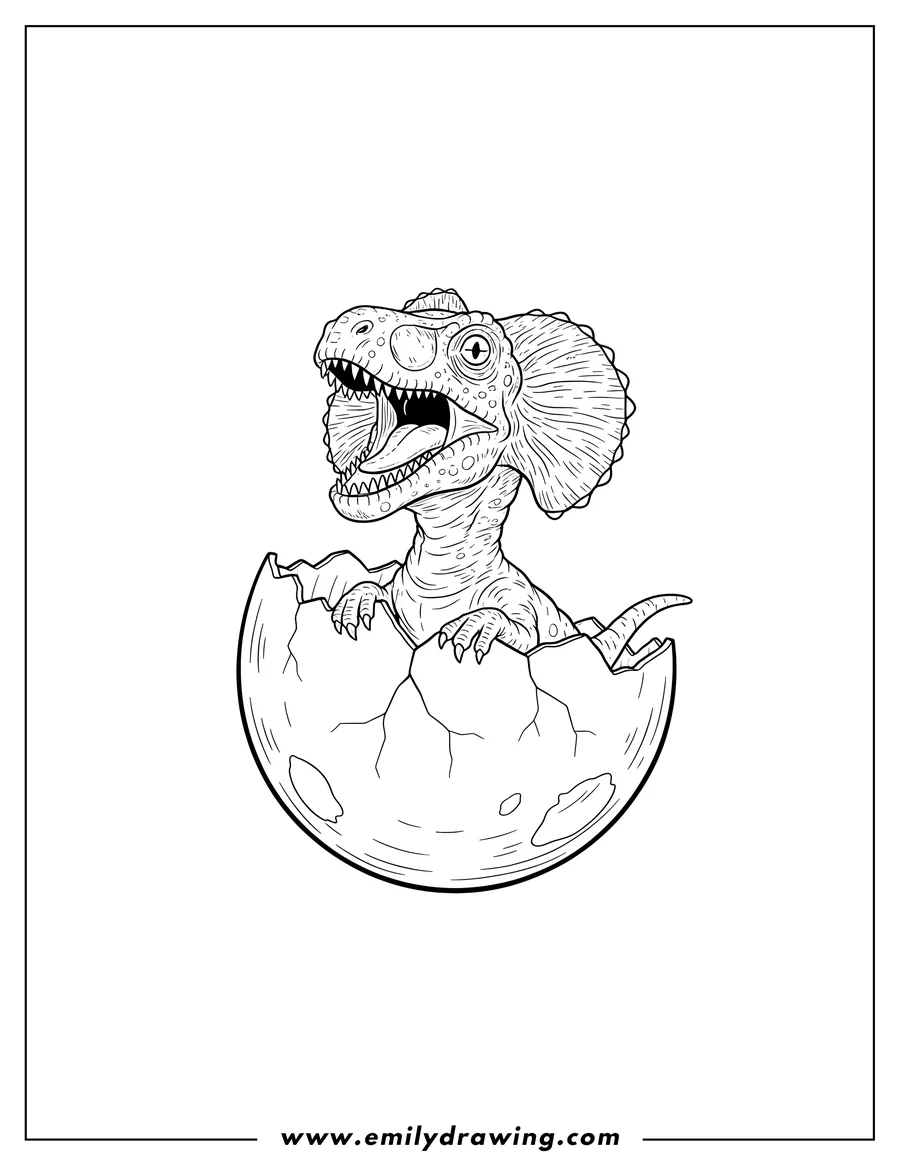 High quality printable newborn Dilophosaurus with an open mouth and frill, hatching from a cracked egg for coloring