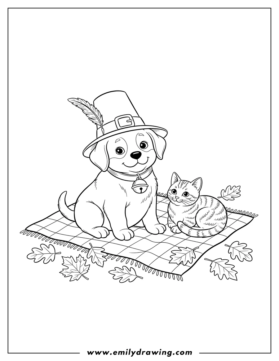Free to print drawing of pilgrim Puppy wearing a feathered hat and a bell collar, sitting with a Tabby Cat on a blanket, surrounded by autumn leaves