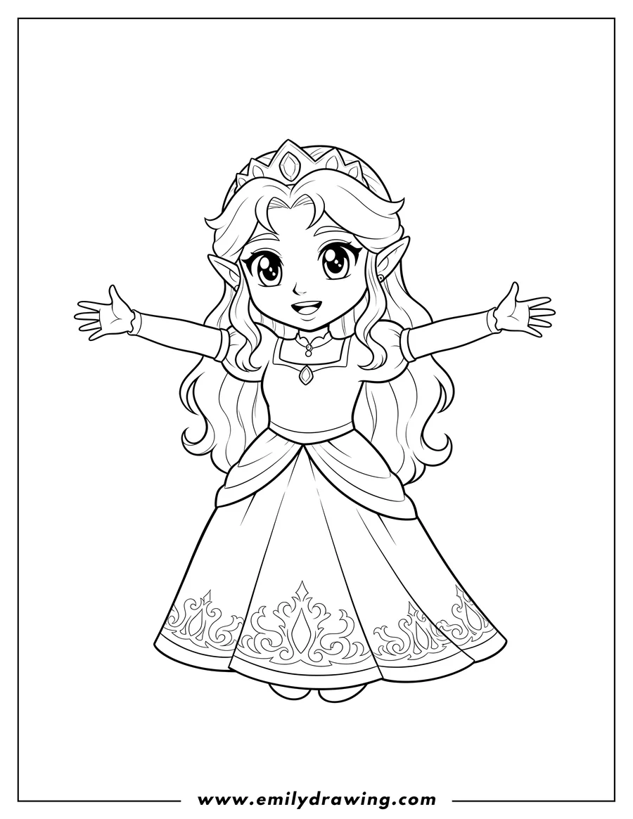 Outline drawing of adorable Kawaii Princess Zelda in her dress, standing and smiling with outstretched arms