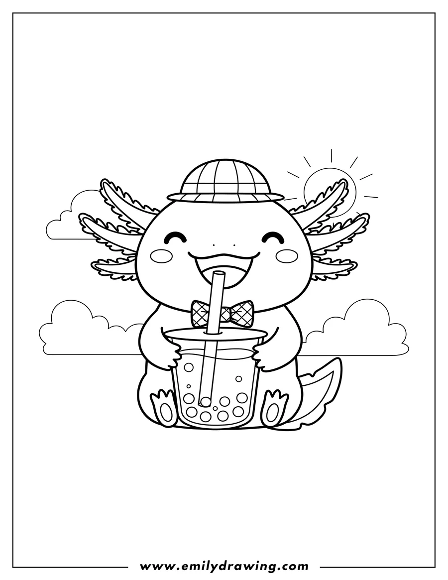 Downloadable coloring page of cute, widely smiling axolotl drinking boba tea