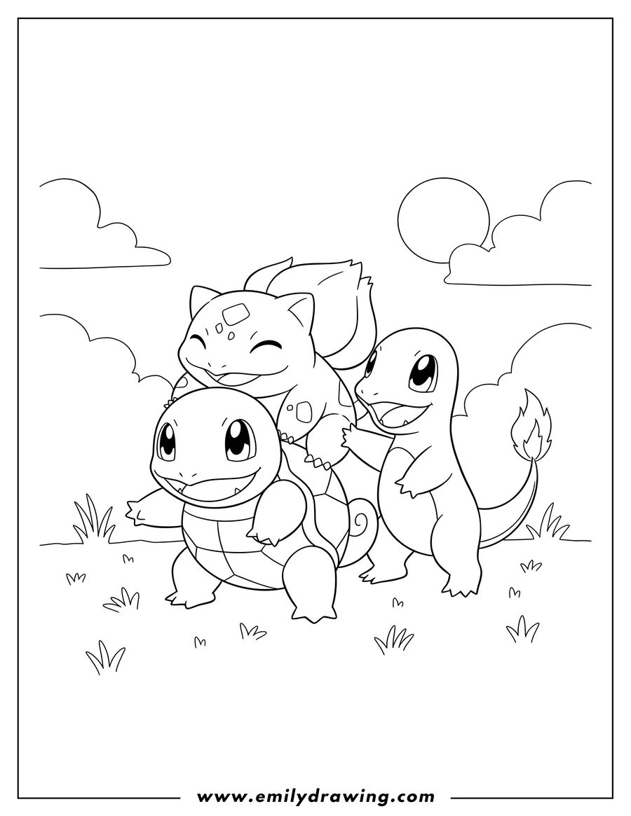 Simple sketch of squirtle Bulbasaur And Charmander Playing Together, smiling and posing to color