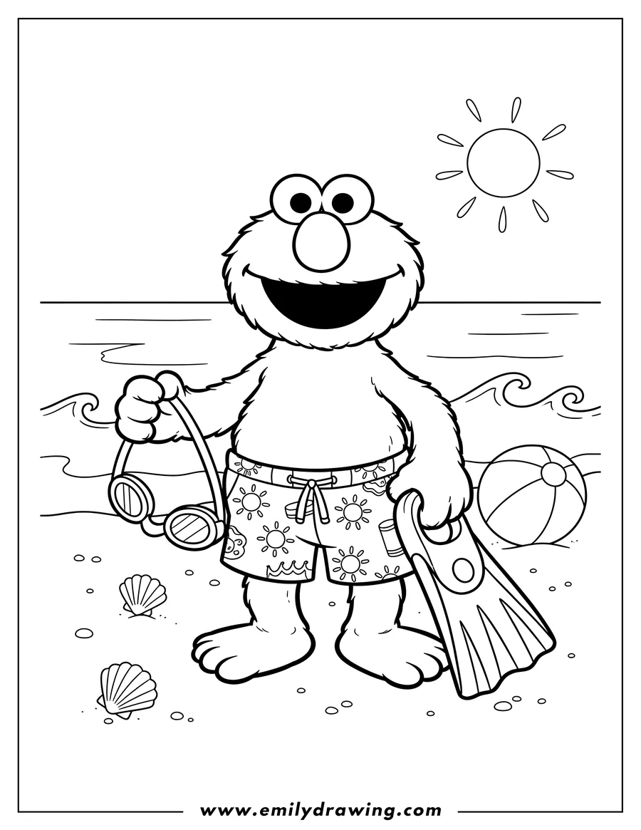 Coloring page for kids: summer-themed Elmo at the beach wearing swim shorts and holding goggles and a fin, coloring page