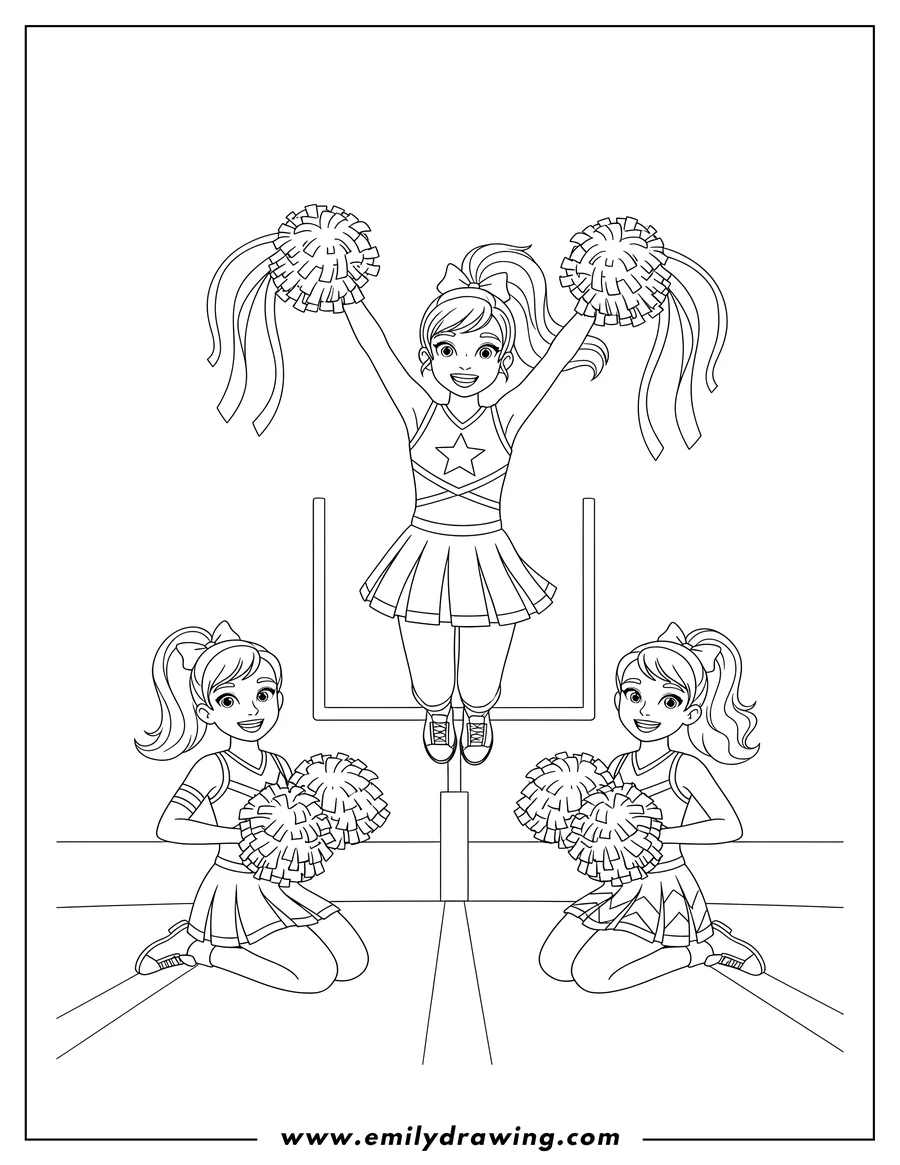 Simple sketch of three Football Cheerleaders with Pom-Poms To Color to color
