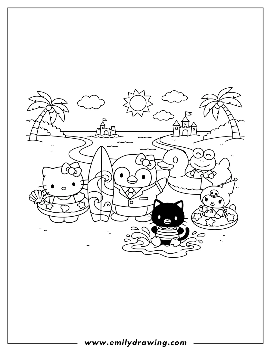 Vector style outline of tuxedo Sam, Hello Kitty, Keroppi, Kuromi, and Chococat at the beach with a surfboard and swim rings