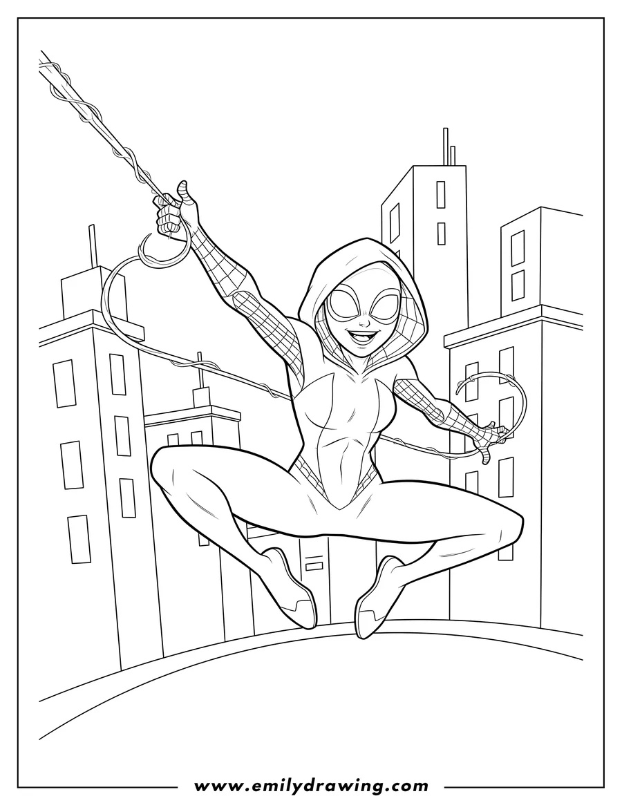 Free to print drawing of comic Spider Gwen smiling, swinging with webs in city