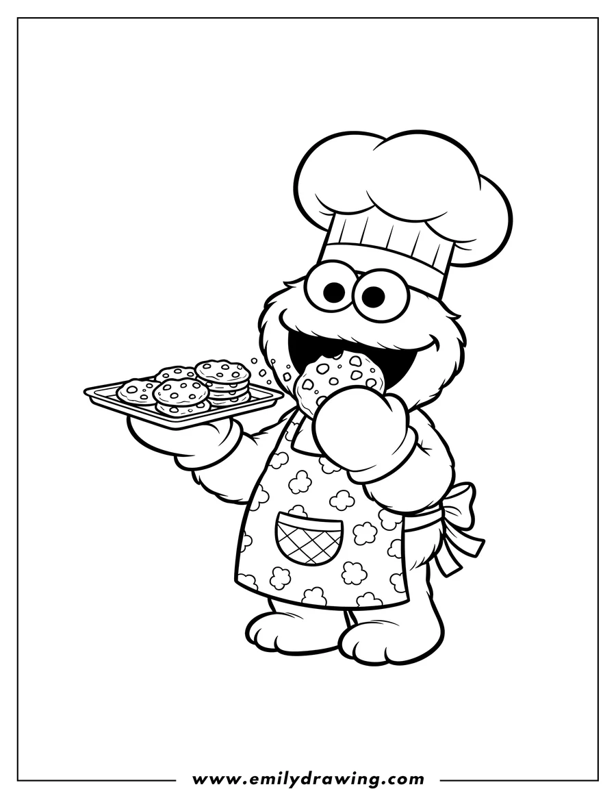 Downloadable coloring page of kawaii Cookie Monster wearing a chef's hat, apron, and oven mitt, holding a tray of cookies and happily eating a cookie