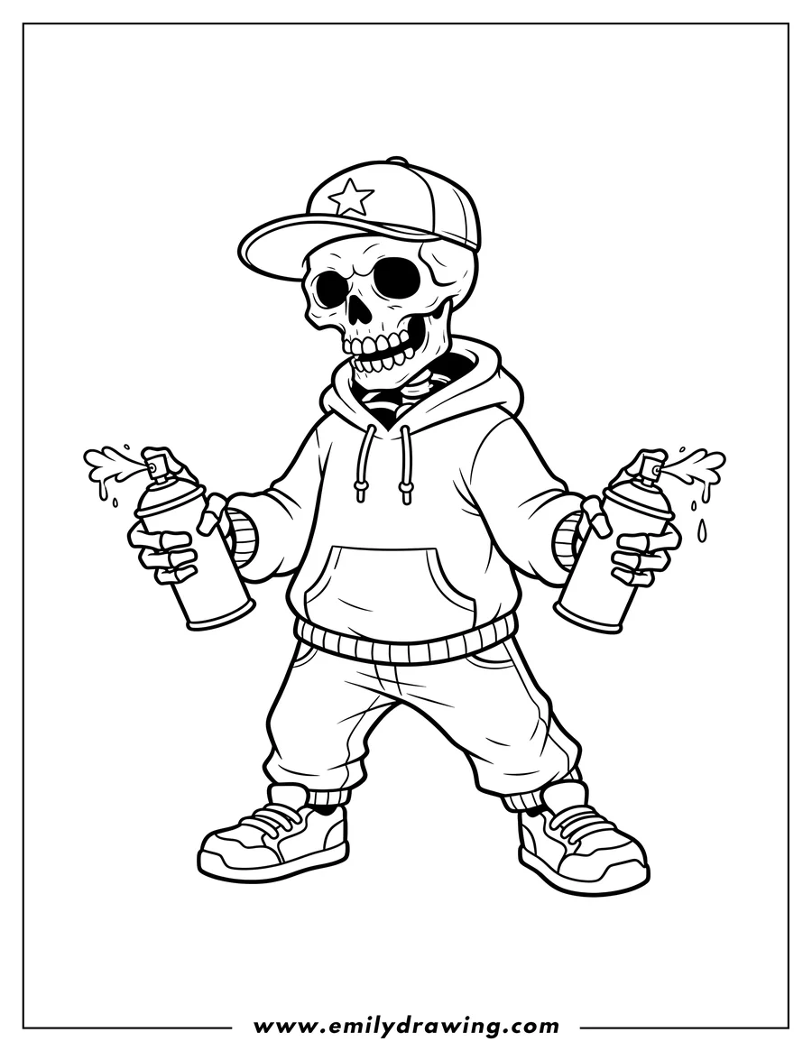 Vector style outline of cool Skeleton wearing a backward baseball cap and a hoodie, holding two spray paint cans