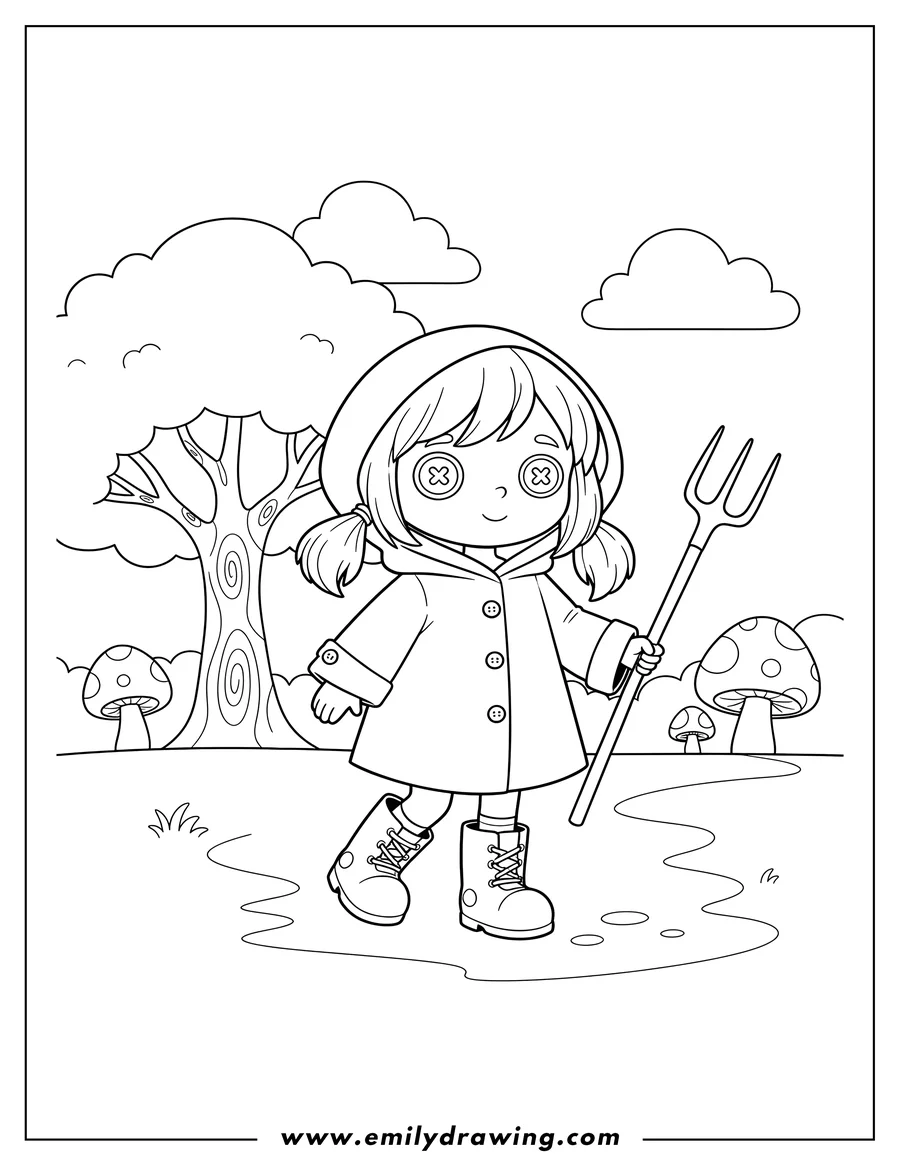 High quality printable kawaii Coraline walking in boots and holding a forked stick for coloring