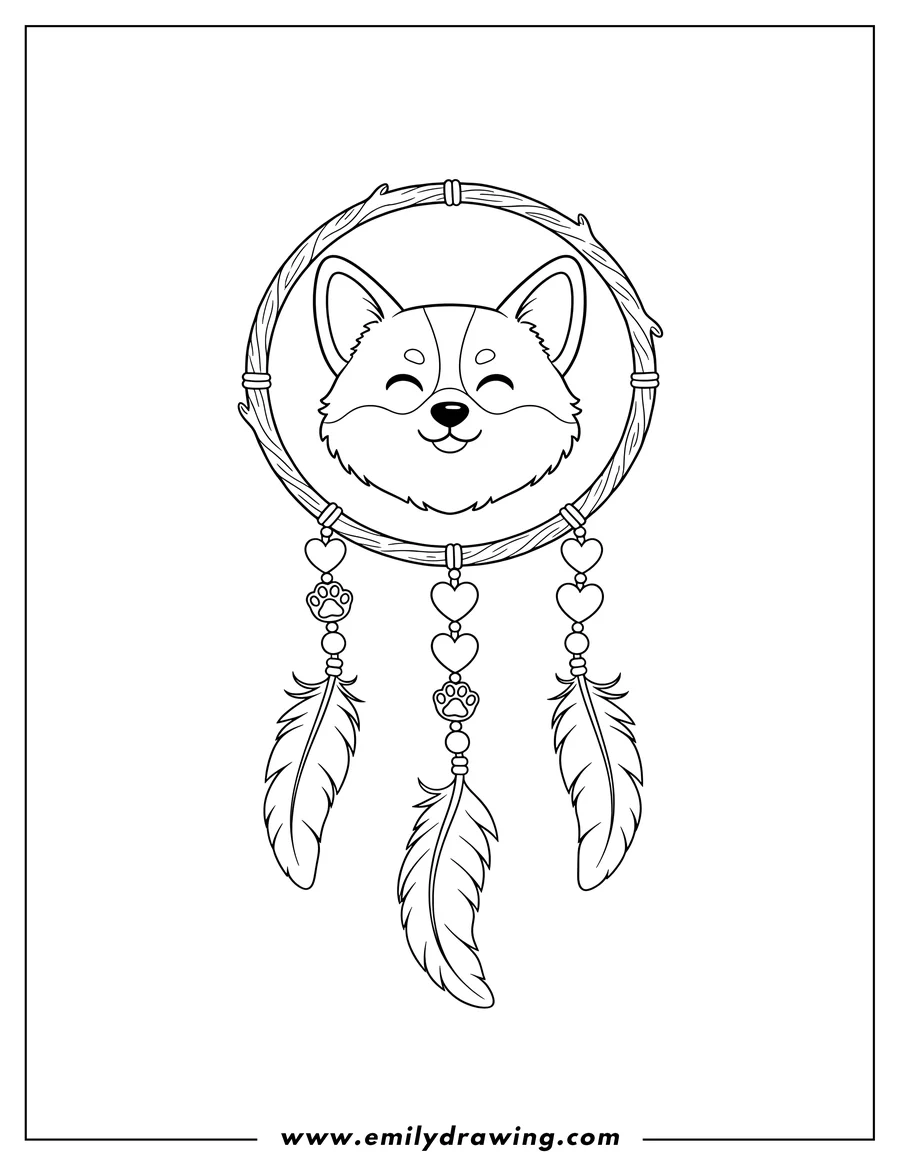 Free printable coloring sheet of kawaii Corgi Dreamcatcher, smiling with closed eyes, with heart and paw print beads and feathers