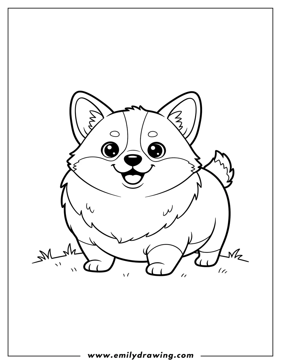 Coloring page of kawaii Corgi Outline Preschoolers, fluffy, smiling, and standing