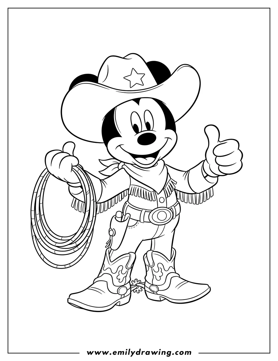 Doodle style coloring picture of cowboy Mickey Mouse holding a lasso and giving a thumbs up