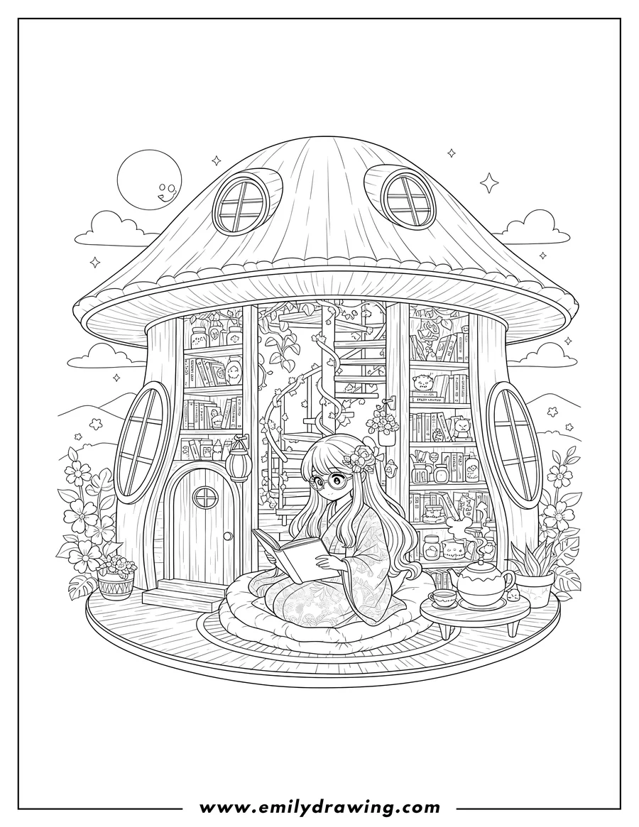 Simple sketch of cozy Cottagecore Japanese House with an anime girl reading a book inside, surrounded by bookshelves to color