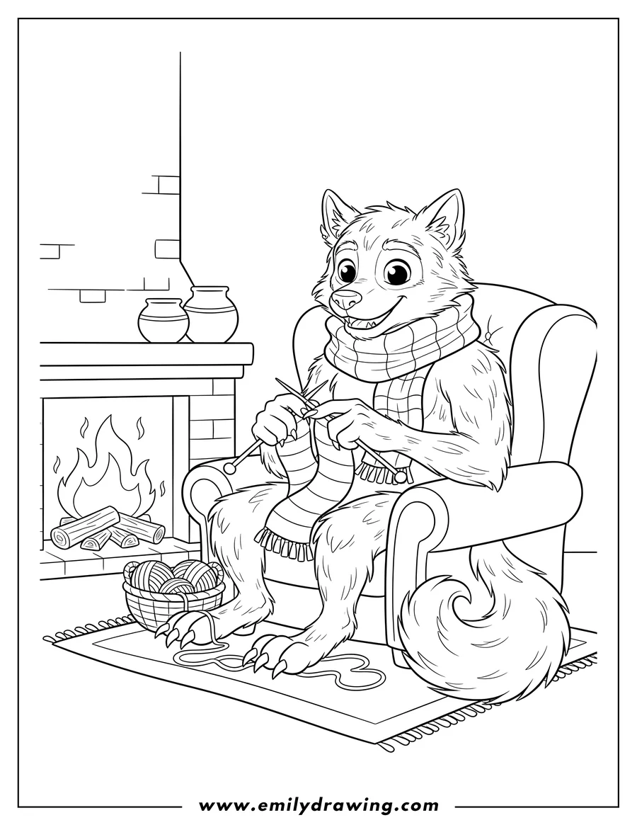 Clean line drawing: cozy Werewolf wearing a scarf, happily knitting a scarf beside a fireplace