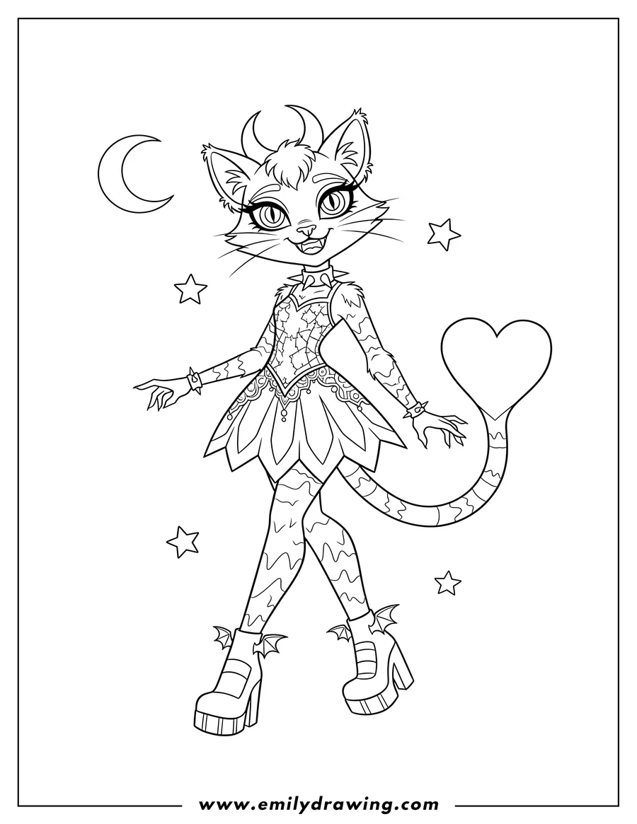 Free printable coloring sheet of crescent Monster High Cat walking with fangs and a heart-tipped tail