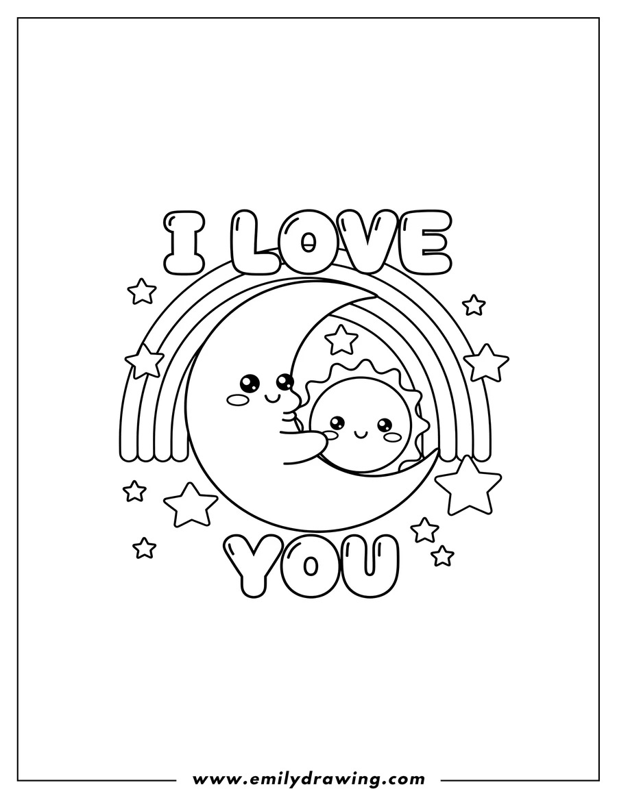 Coloring sheet featuring kawaii crescent moon cradling the sun, with I Love text above and You text below, surrounded by stars and a rainbow