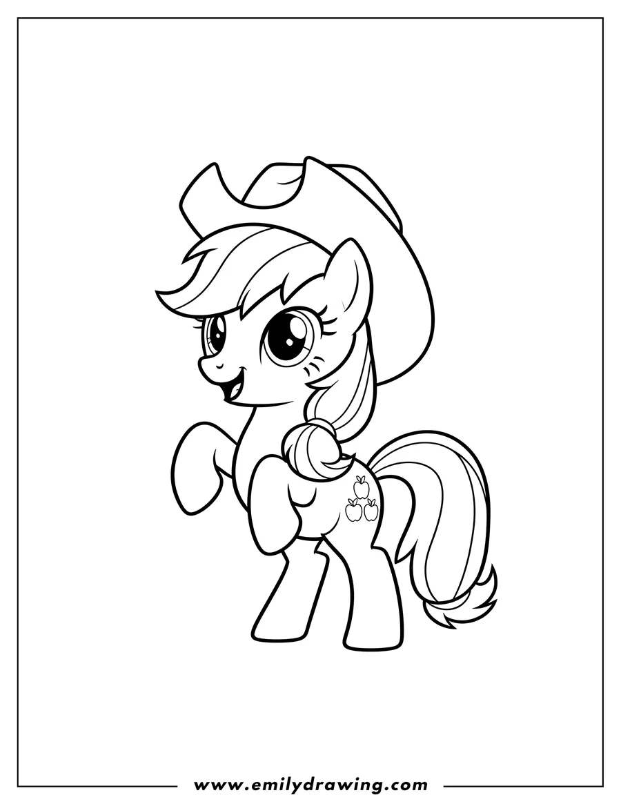 Coloring sheet featuring kawaii Cute Applejack Standing On Hind Legs, with raised front hooves, a wide smile, and wearing her cowboy hat