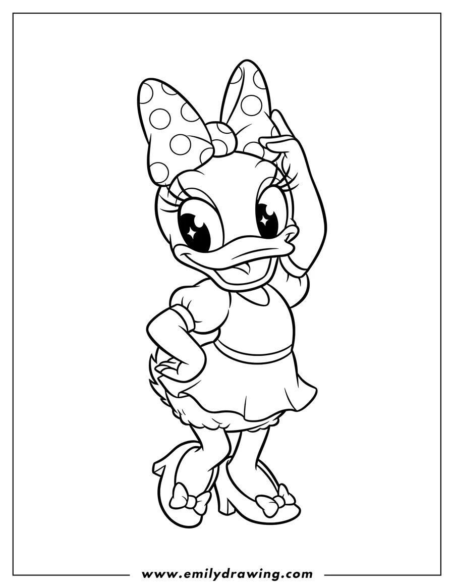 Coloring page of kawaii Daisy Duck smiling and posing with her bow