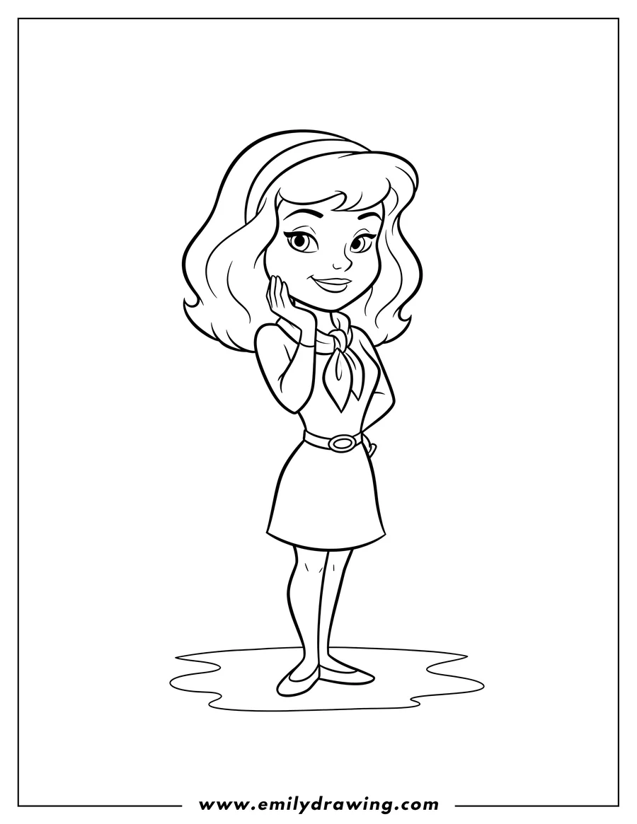 Doodle style coloring picture of daphne Character Scaled, standing with hand under chin and smiling