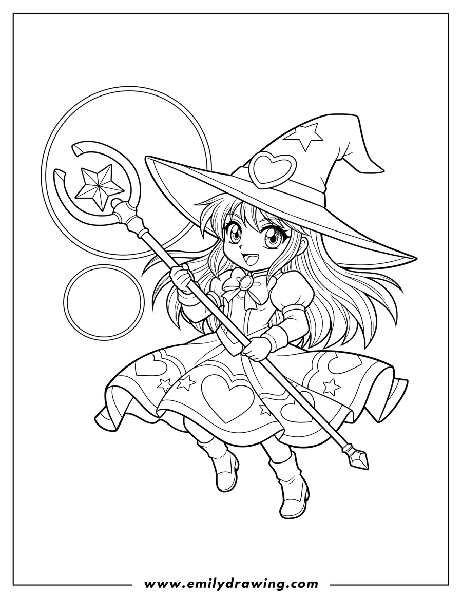 Clean line drawing: kawaii Dark Magician Girl holding a staff in a dynamic pose