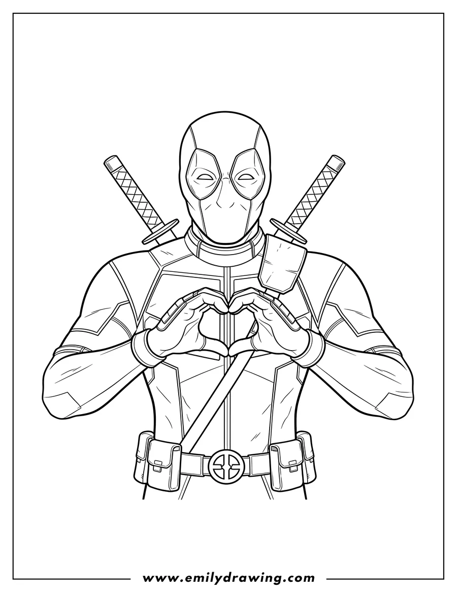 Vector style outline of deadpool making a heart shape with his hands, with a smiling expression and katanas on his back