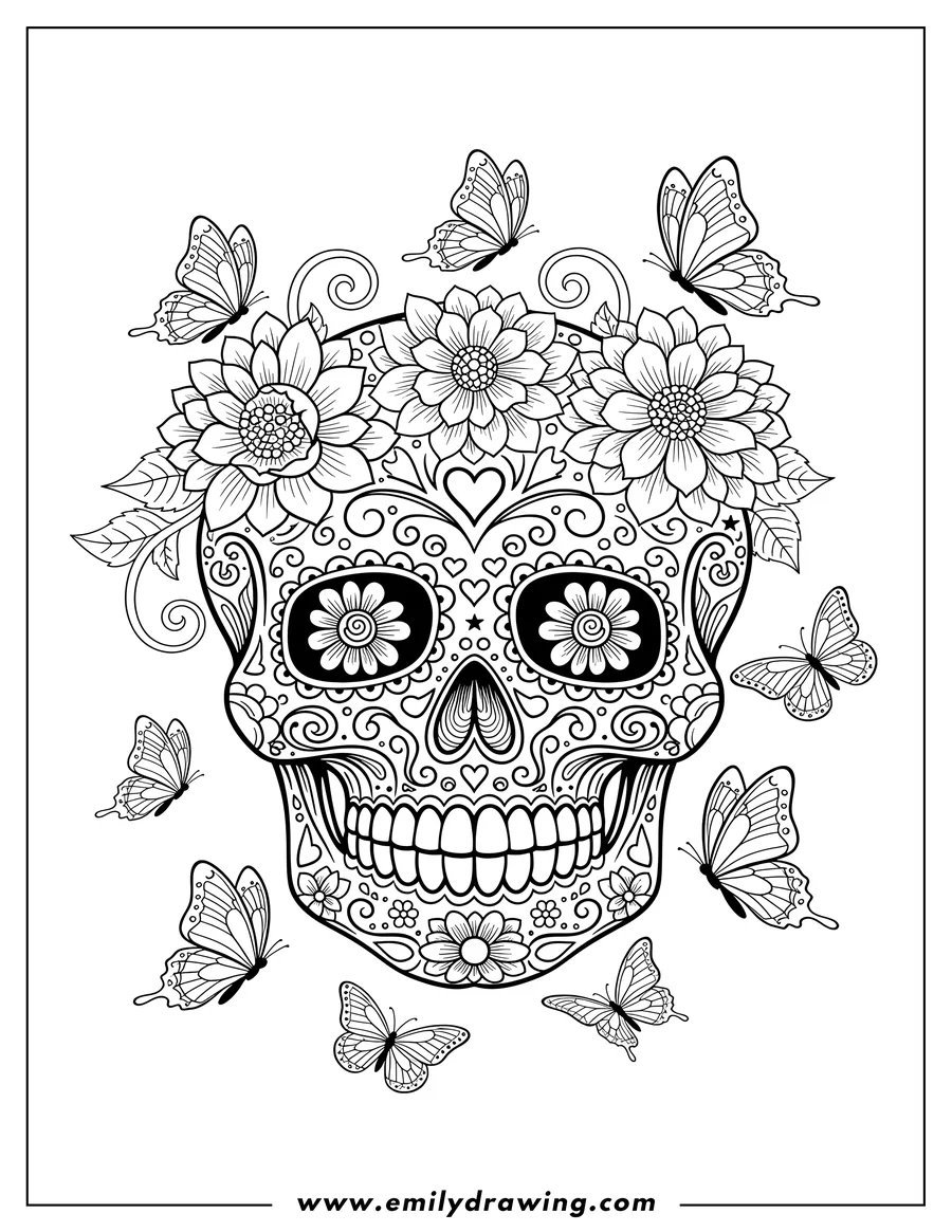 Black and white line art of A decorative sugar skull adorned with flowers, with butterflies flying around and towards it