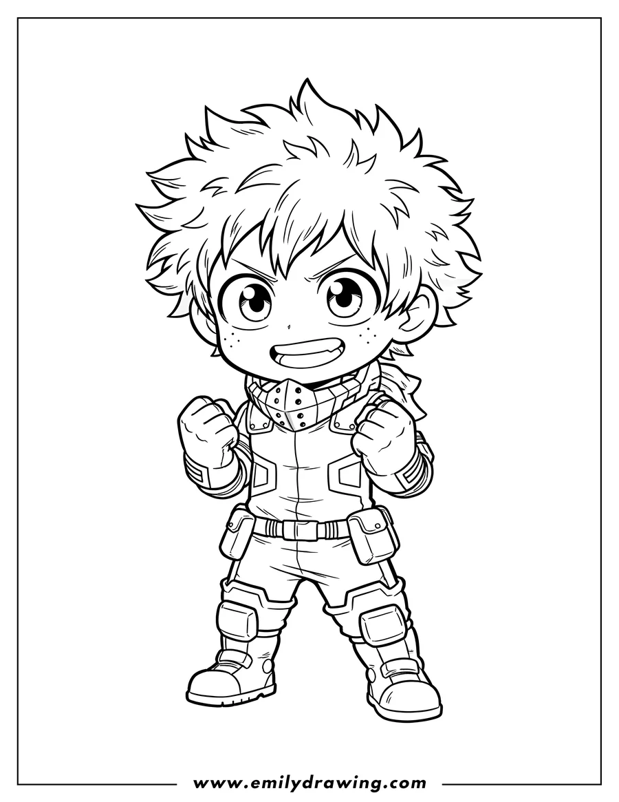 Simple sketch of kawaii Deku in hero costume, smiling with clenched fists to color