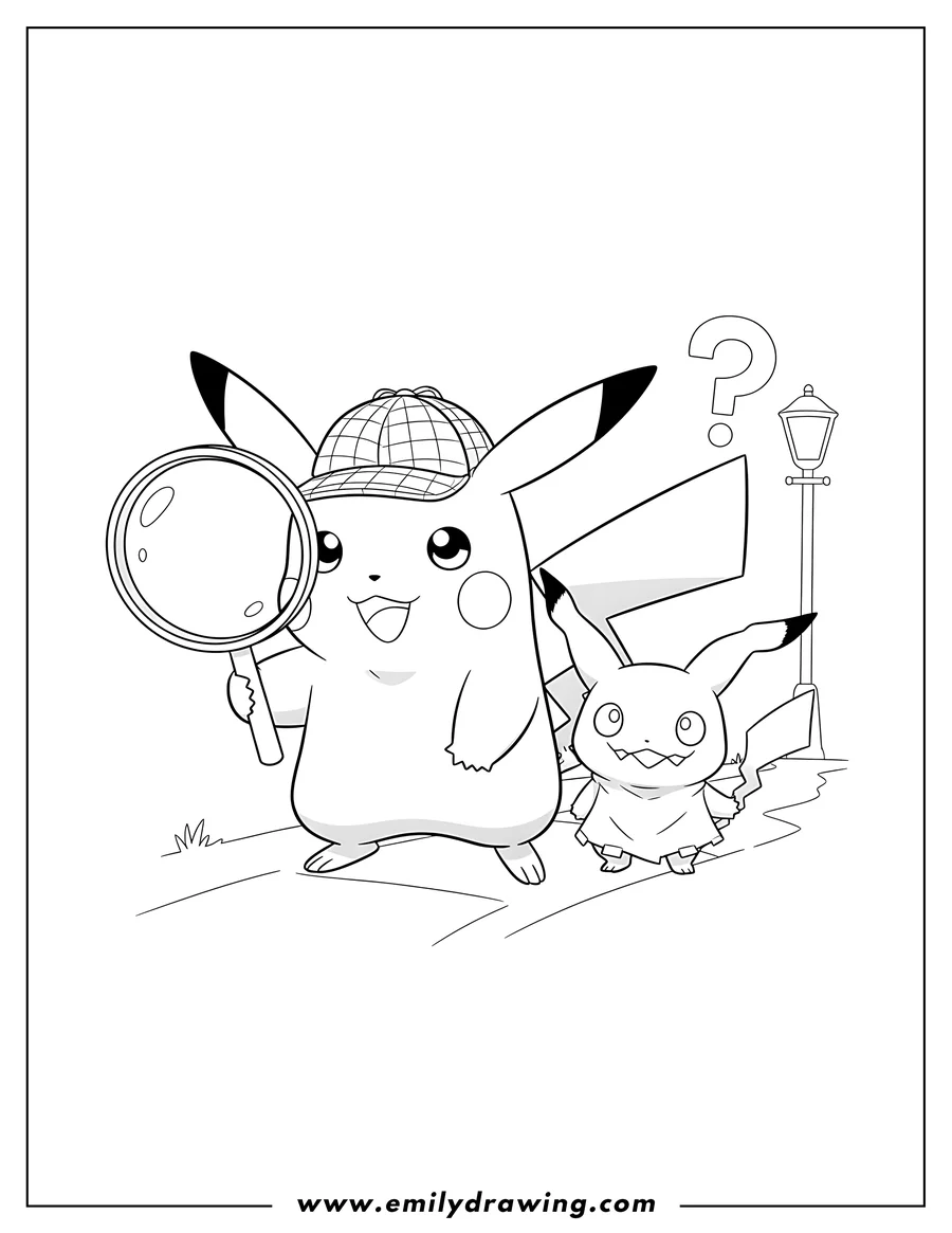 Free printable coloring sheet of detective Pikachu wearing a hat and holding a magnifying glass with Mimikyu