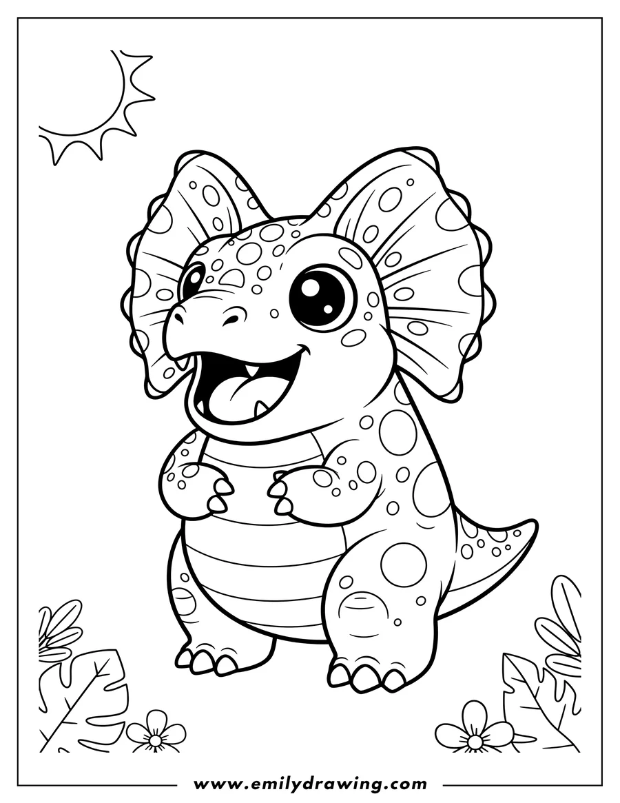 Black and white line art of kawaii Dilophosaurus with big eyes and open mouth